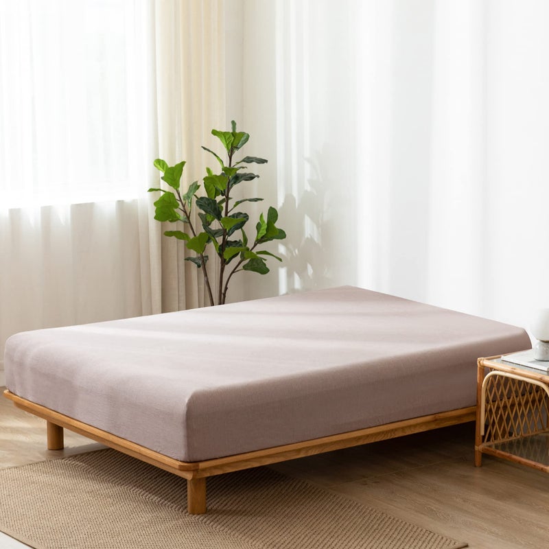 MooMee Fitted Bottom Sheet Only 100% Washed Cotton Linen Like Textured Breathable Durable Soft Comfy Deep Pocket Fits Mattress up to 17" (Mauve Brown, King) - Image 3