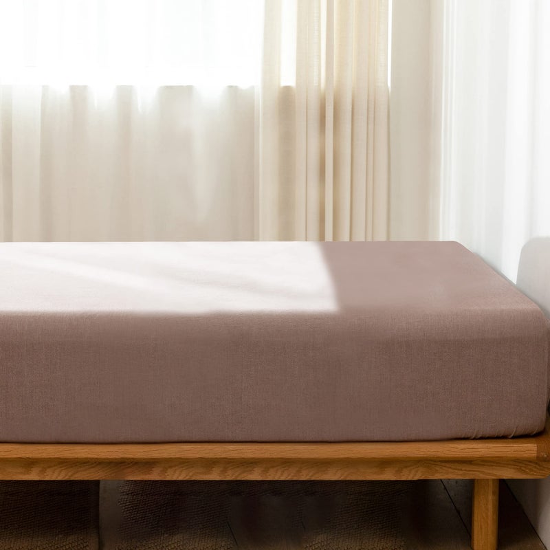 MooMee Fitted Bottom Sheet Only 100% Washed Cotton Linen Like Textured Breathable Durable Soft Comfy Deep Pocket Fits Mattress up to 17" (Mauve Brown, King) - Image 2