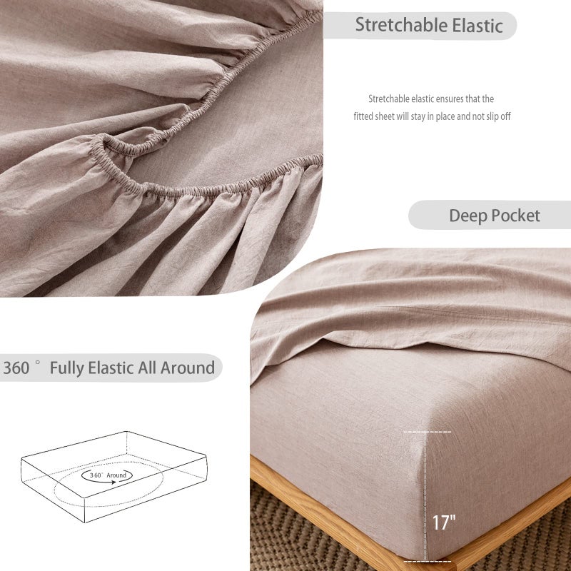 MooMee Fitted Bottom Sheet Only 100% Washed Cotton Linen Like Textured Breathable Durable Soft Comfy Deep Pocket Fits Mattress up to 17" (Mauve Brown, King) - Image 5
