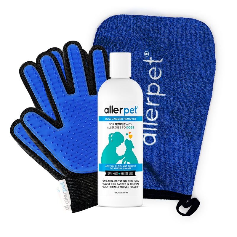 Allerpet مزيل شعر الكلاب من أليربت مع زوج مجاني من قفازات العناية - أفضل مزيل شعر للحساسية - لعلاج جفاف الجلد لدى الكلاب - جيد للفرو والجلد - (12 أونصة) - Image 1