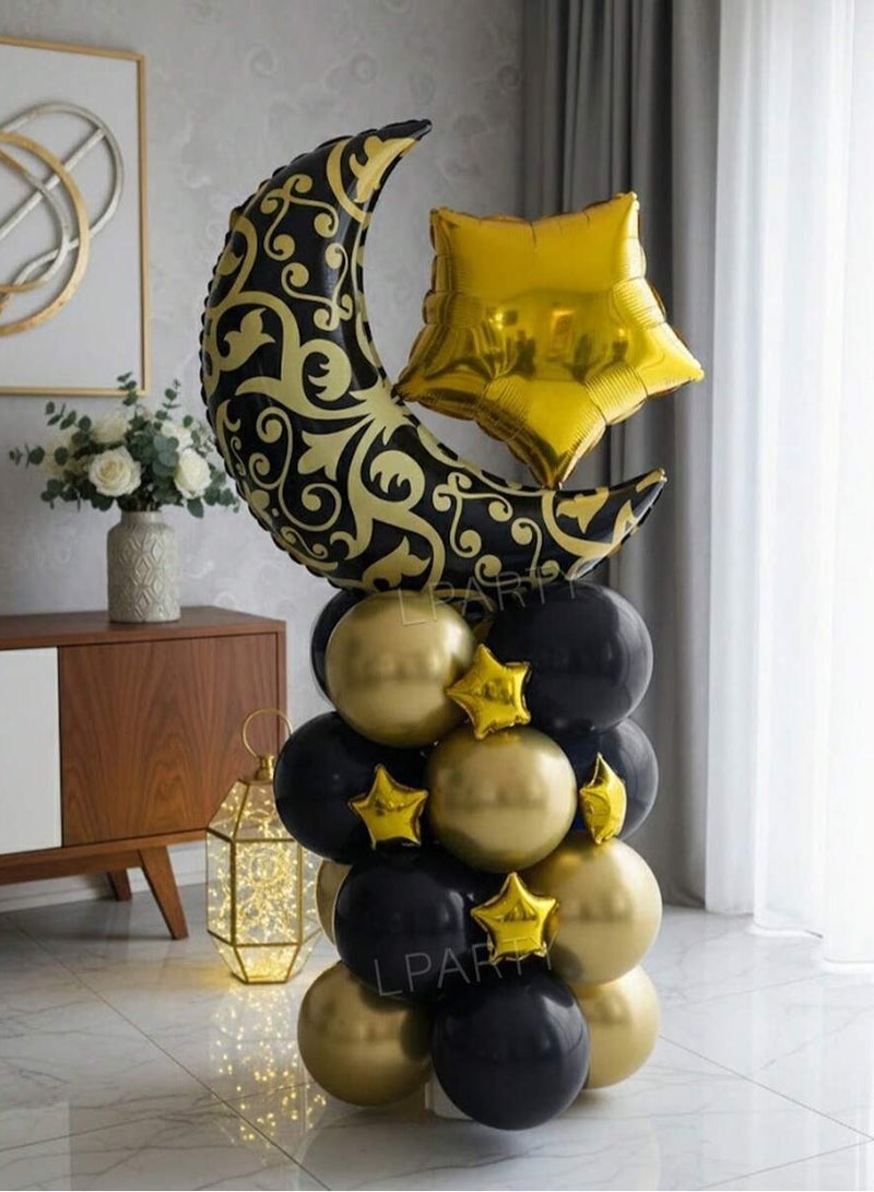 Ramadan Black And Gold Crescent Foil Balloon Set With Stars And Latex Balloons 24 Pieces - Image 1