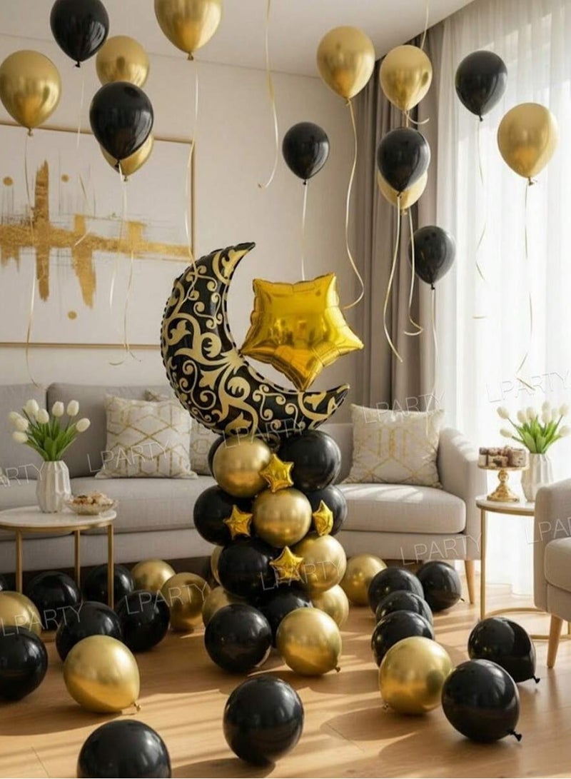 Ramadan Black And Gold Crescent Foil Balloon Set With Stars And Latex Balloons 24 Pieces - Image 3
