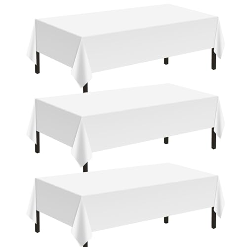 Childom 3 Pack Plastic Tablecloths for Rectangle Tables 54 x 108 White Disposable Table Cloths for 6 to 8 Foot Tables Indoor or Outdoor Parties Birthday Wedding Christmas Anniversary Buffet Table