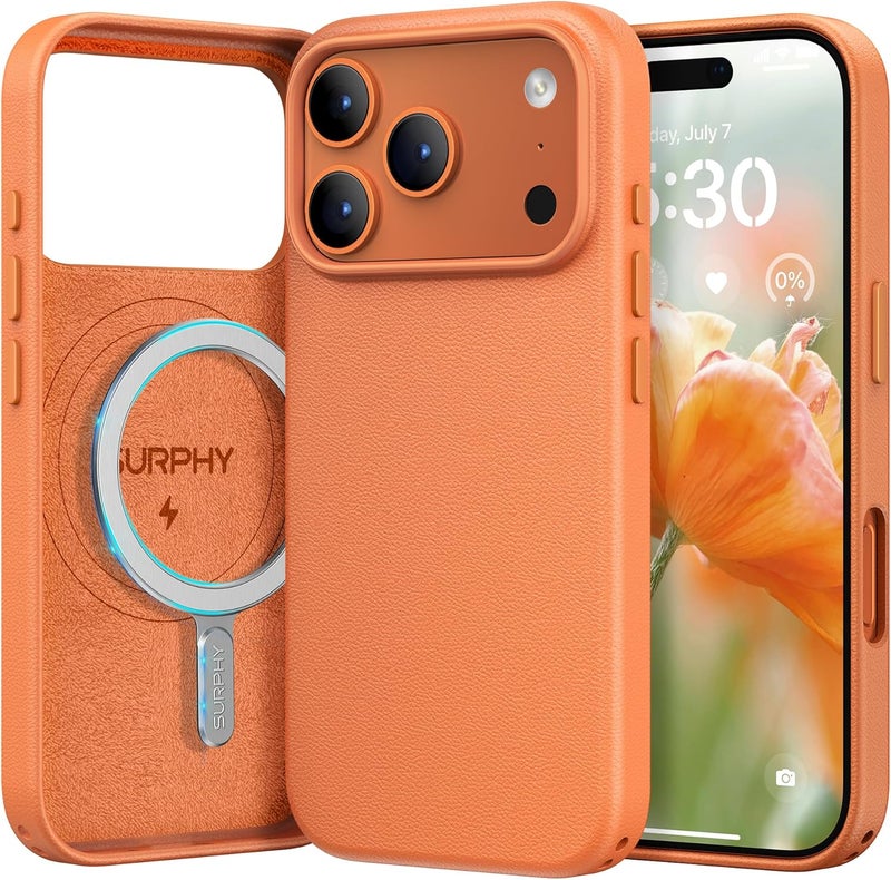 SURPHY Designed for iPhone 17 Pro Max Leather Case, Compatible with MagSafe Wireless Charging Faux Leather Case with Metallic Buttons and Microfiber Lining for 17 Pro Max 6.9 inch 2025, Orange - Image 1