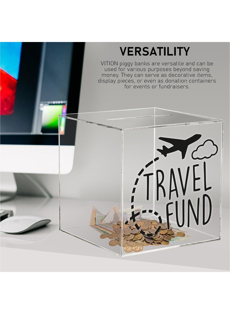 VITION Clear Piggy Bank for Adults Kids, Acrylic Piggy Bank for Boys Girls to Saving Money Cash Coin, Must Break to Open (18 x 18 cm, Travel Fund) - Image 2