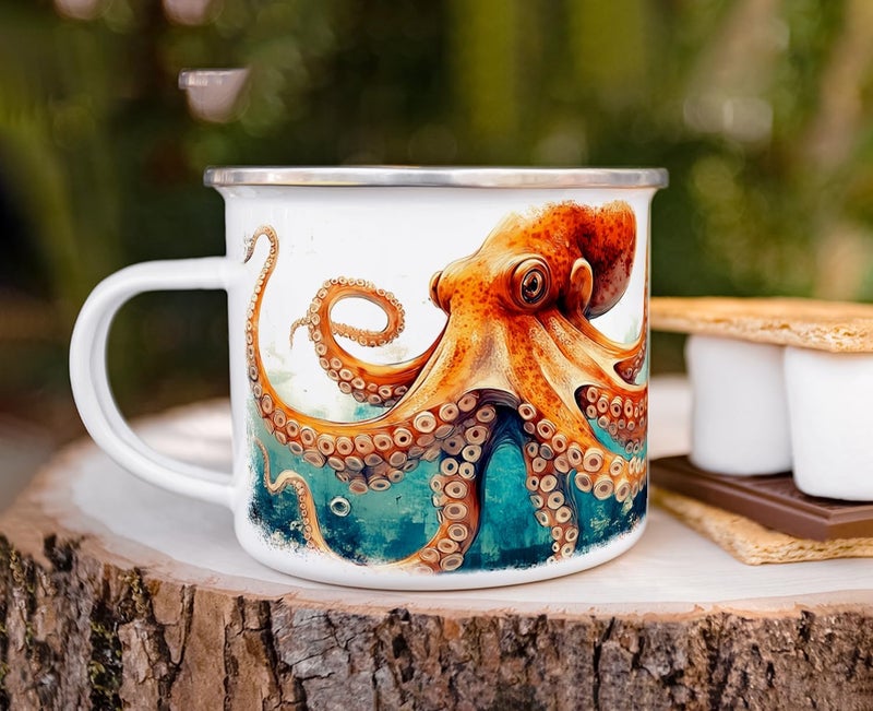Loftipop Nautical Octopus Enamel Camp Mug Nature Ocean Sea Life Campfire Camping Cup Outdoor Beach Lover Coastal Gifts 16oz - Image 4
