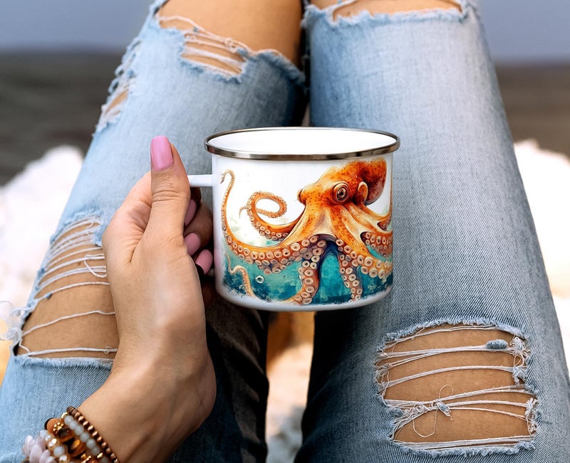 Loftipop Nautical Octopus Enamel Camp Mug Nature Ocean Sea Life Campfire Camping Cup Outdoor Beach Lover Coastal Gifts 16oz - Image 3