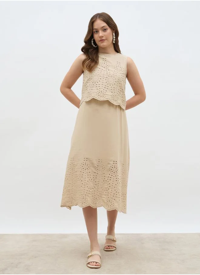 ستايلي Styli Women Beige Schiffli Sleeveless A-Line Midi Dress