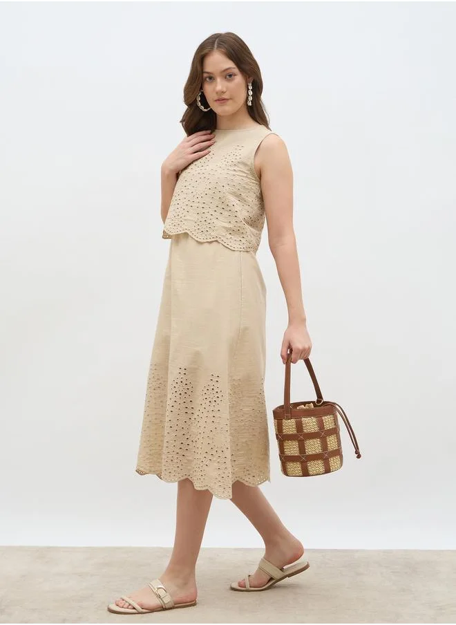 ستايلي Styli Women Beige Schiffli Sleeveless A-Line Midi Dress