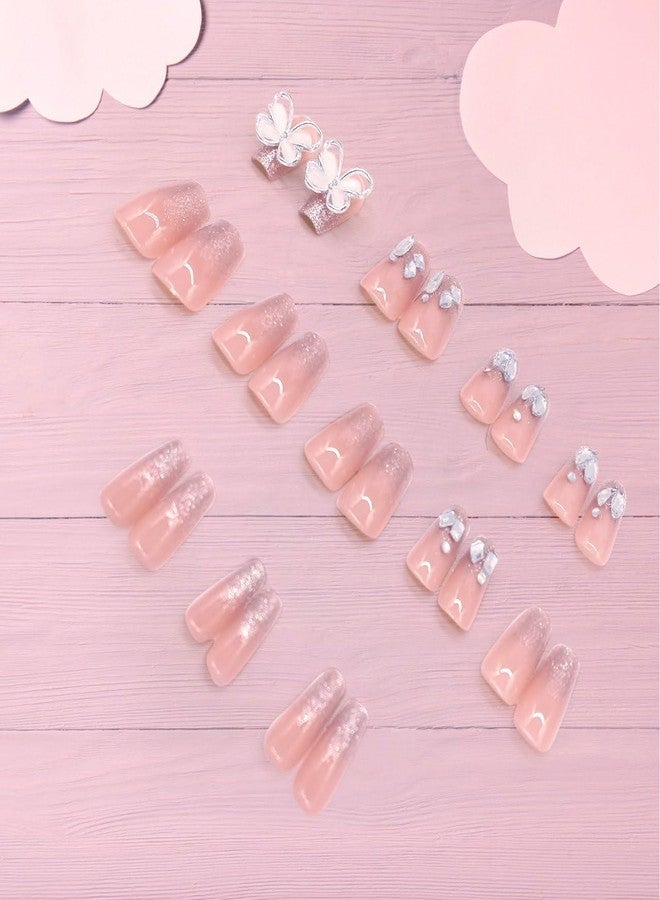 ERITIN 24 pcs Premium Press On Nails | Glossy Reusable Fake Nails with Glue | Long Lasting Salon Finish | Cute Glitter Ombre Pearl Rhinestone Nail Art | Full Cover Acrylic False Nails for Women & Girls (Crystal Butterfly Luxe Nails) - Image 4