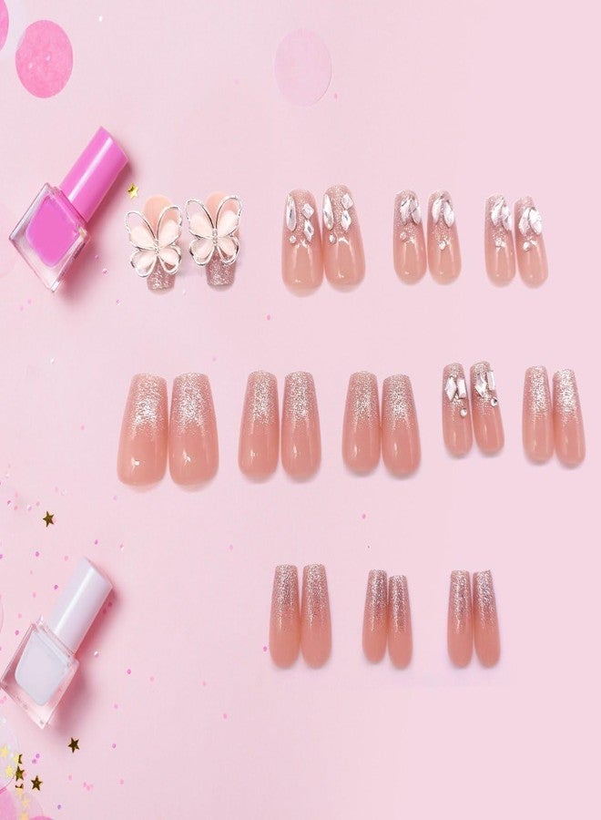 ERITIN 24 pcs Premium Press On Nails | Glossy Reusable Fake Nails with Glue | Long Lasting Salon Finish | Cute Glitter Ombre Pearl Rhinestone Nail Art | Full Cover Acrylic False Nails for Women & Girls (Crystal Butterfly Luxe Nails) - Image 5