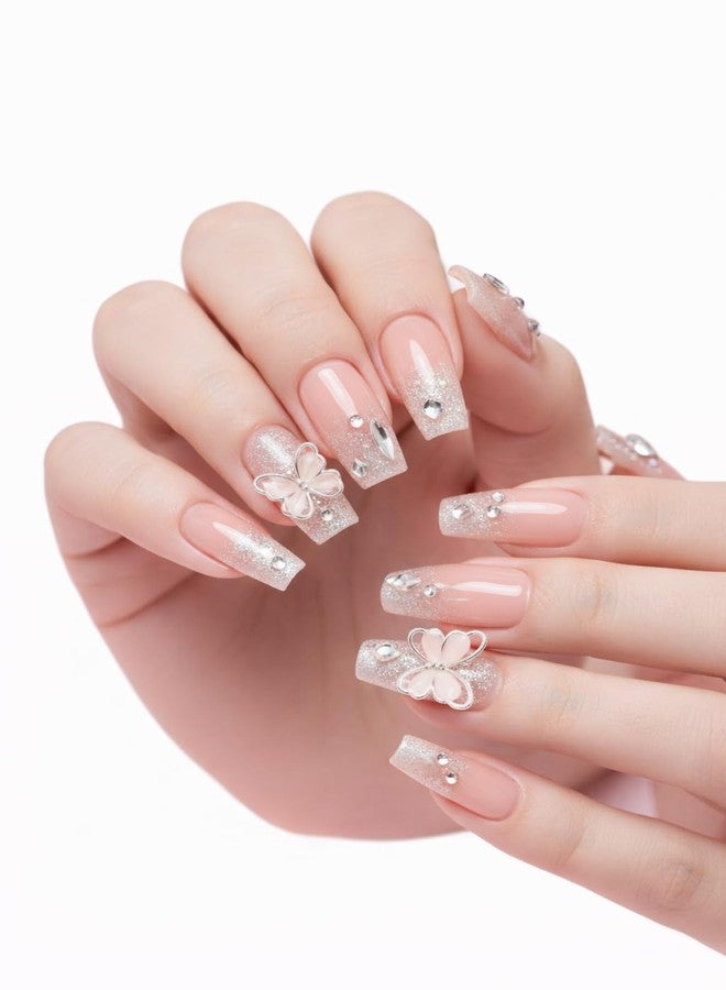 ERITIN 24 pcs Premium Press On Nails | Glossy Reusable Fake Nails with Glue | Long Lasting Salon Finish | Cute Glitter Ombre Pearl Rhinestone Nail Art | Full Cover Acrylic False Nails for Women & Girls (Crystal Butterfly Luxe Nails) - Image 1