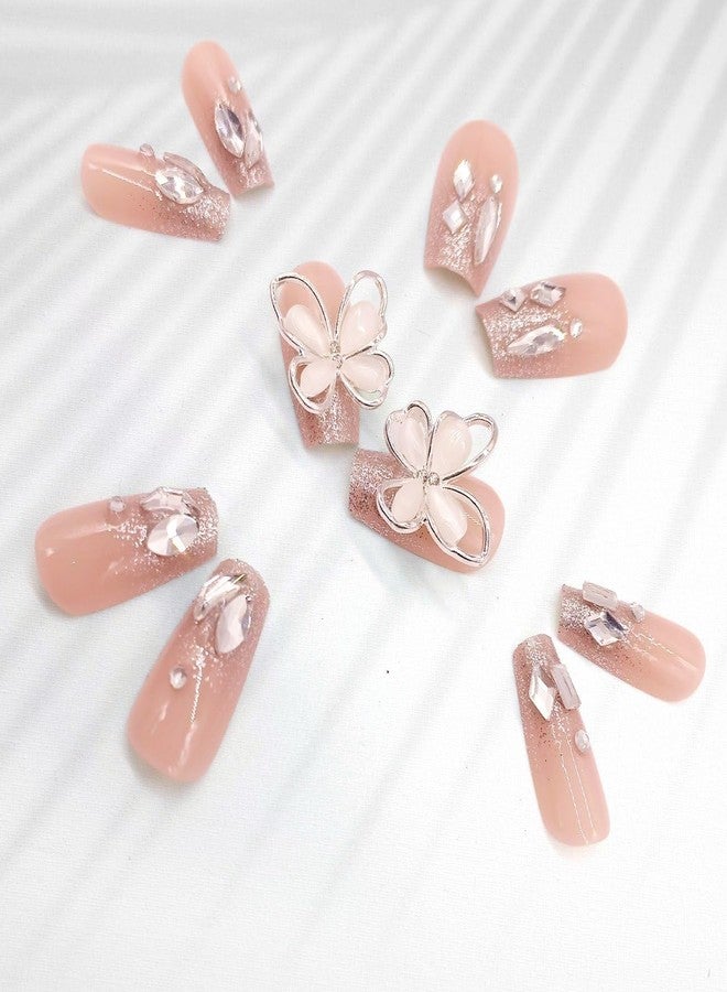 ERITIN 24 pcs Premium Press On Nails | Glossy Reusable Fake Nails with Glue | Long Lasting Salon Finish | Cute Glitter Ombre Pearl Rhinestone Nail Art | Full Cover Acrylic False Nails for Women & Girls (Crystal Butterfly Luxe Nails) - Image 3