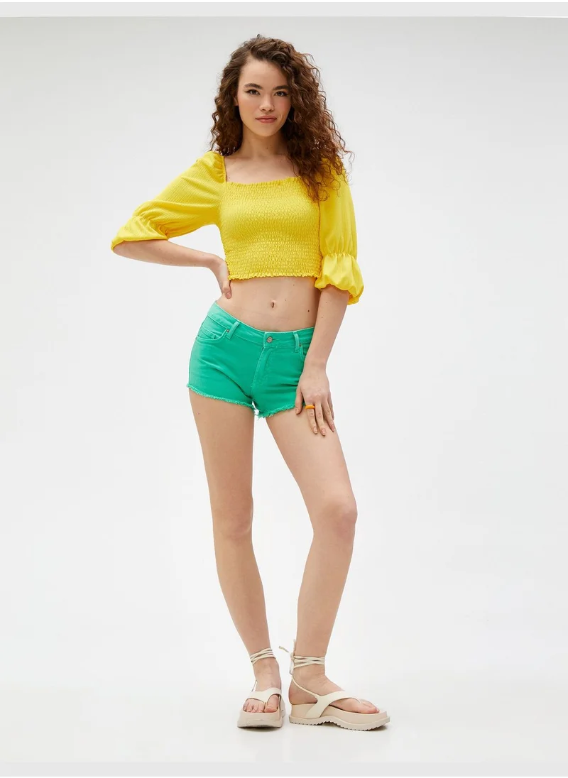 كوتون Crop Gimped Puff Sleeve Square Neck T-Shirt