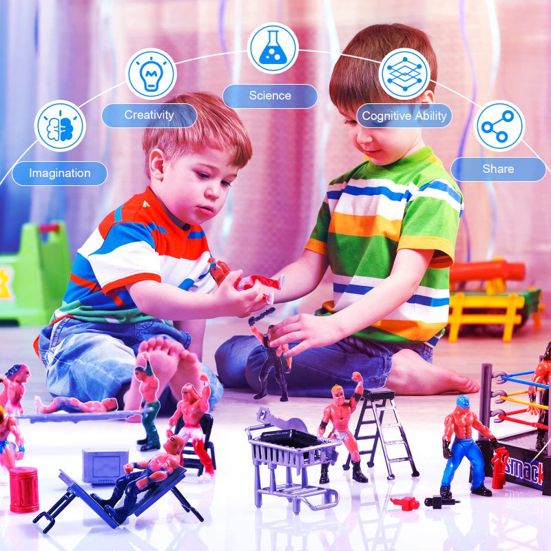 Skylety ألعاب مصارعة سكايليتي 32 قطعة مع 12 شخصية مصارعة مصغرة و20 ملحق واقعي - Image 5