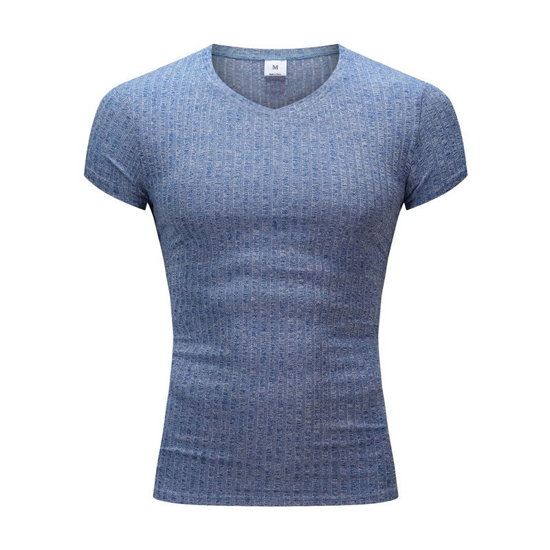تشغيل V-neck قصيرة الأكمام تي شيرت الرجال اللياقة البدنية رقيقة المناسبة الرياضة مخطط الموضة أعلى الصيف سترة ملابس اللياقة البدنية - Image 1