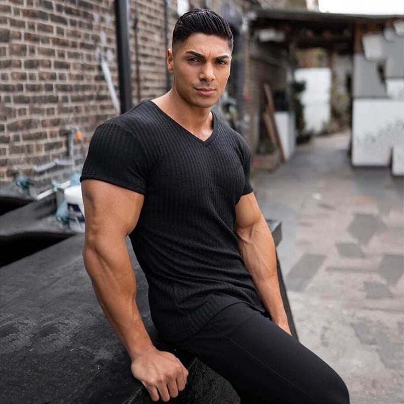 تشغيل V-neck قصيرة الأكمام تي شيرت الرجال اللياقة البدنية رقيقة المناسبة الرياضة مخطط الموضة أعلى الصيف سترة ملابس اللياقة البدنية - Image 5