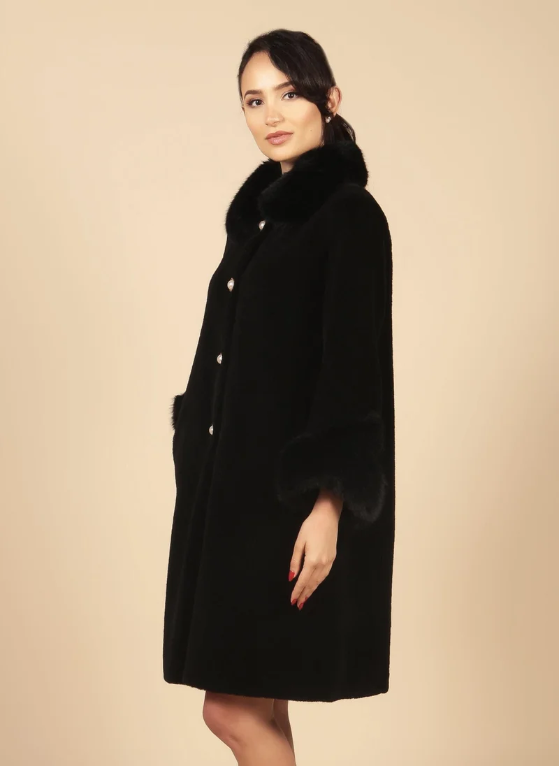 Monroe' Wool and Faux Fur Teddy Coat in Black