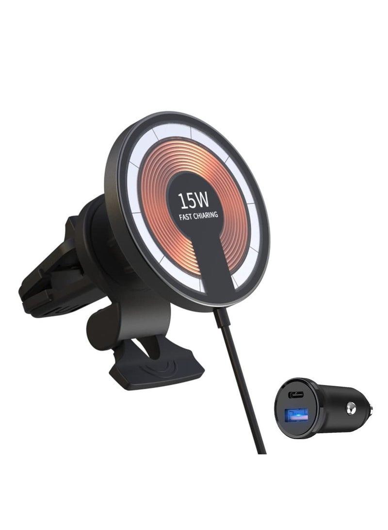 SOLARAE Magnetic Wireless Car Charger, Wireless Car Charger for MagSafe iPhone, 15W Magnetic Pad Air Vent Holder with 20W QC Charger - Image 1