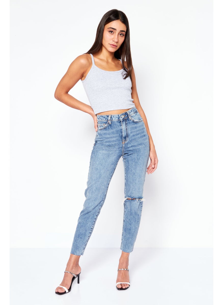 NEW LOOK Women Mom Fit Rip Stretchable Jeans, Blue  - Image 2