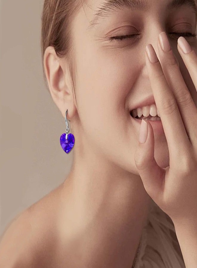 EVEVIC Austrian Crystal Heart Dangle Hook Earrings for Women Drop Earrings 14K Gold Plated Hypoallergenic Jewelry (Violet Blue - Image 3