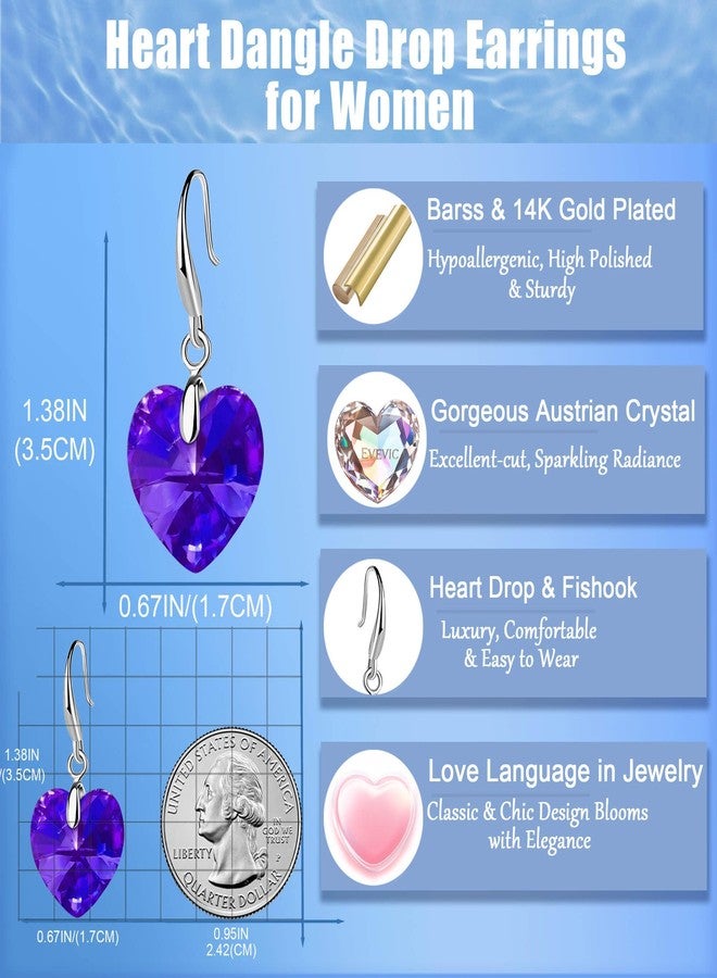 EVEVIC Austrian Crystal Heart Dangle Hook Earrings for Women Drop Earrings 14K Gold Plated Hypoallergenic Jewelry (Violet Blue - Image 4