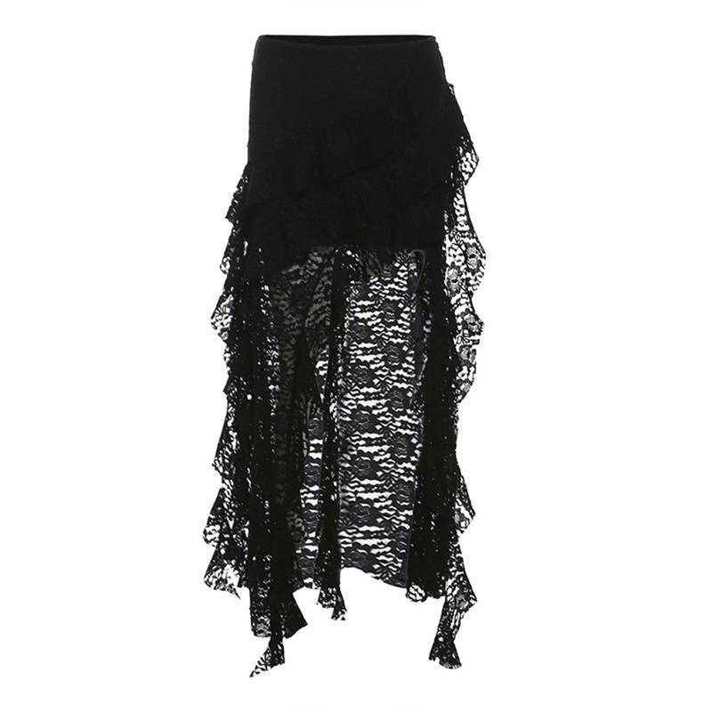 Lotus Leaf Splicing Lace Slimming High Waist Skirt Hot Girl Design Short Skirt New Summer Irregular Cake Long Skirt Black lined elastic waist 