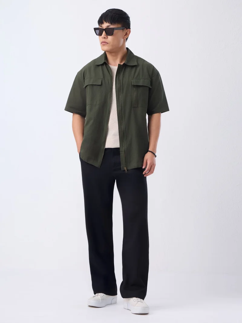 The Souled Store  The Souled Store: Desert Sage Men and Boys Short Sleeve Spread Collar Dark Green Solid Textured Cotton Oversized Shirt  | Best Price UAE