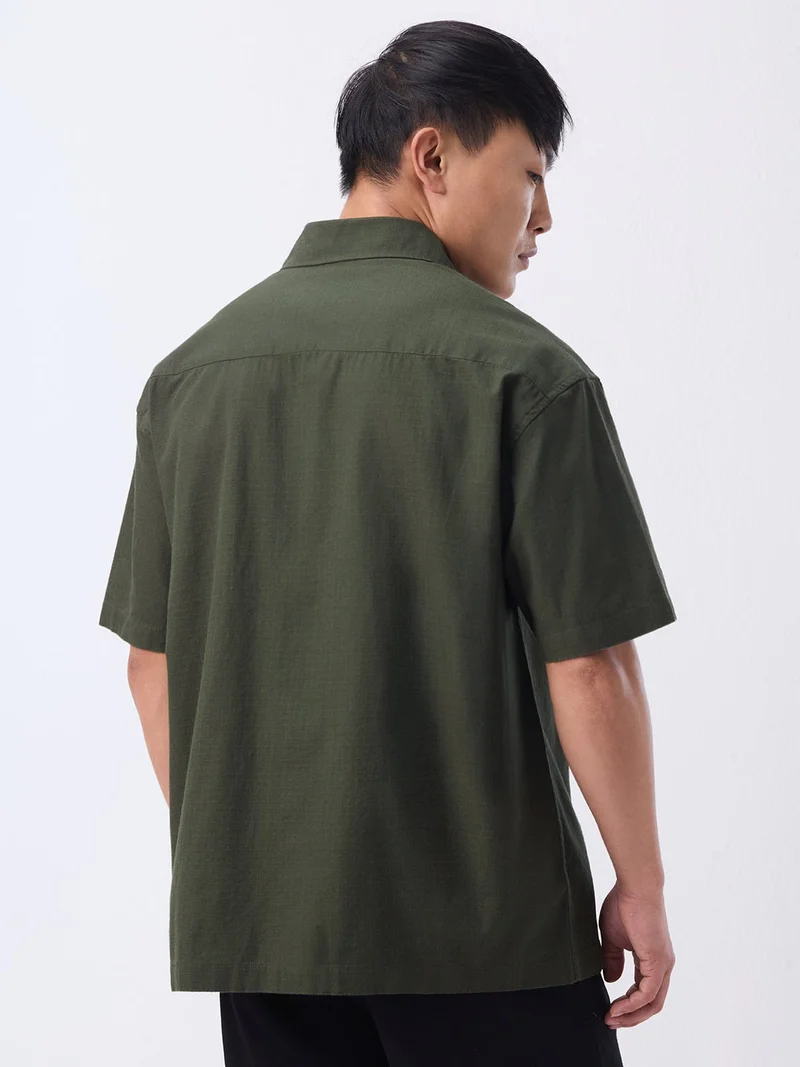 The Souled Store  The Souled Store: Desert Sage Men and Boys Short Sleeve Spread Collar Dark Green Solid Textured Cotton Oversized Shirt  | Best Price UAE