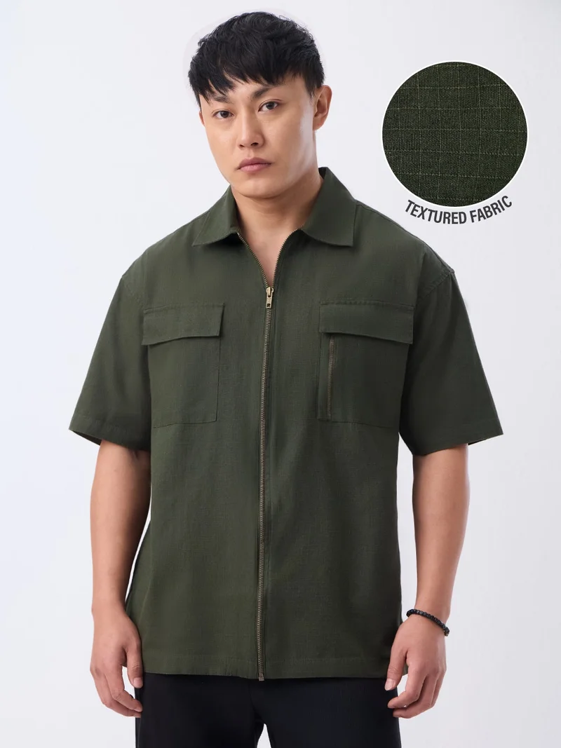 The Souled Store The Souled Store: Desert Sage Men and Boys Short Sleeve Spread Collar Dark Green Solid Textured Cotton Oversized Shirt