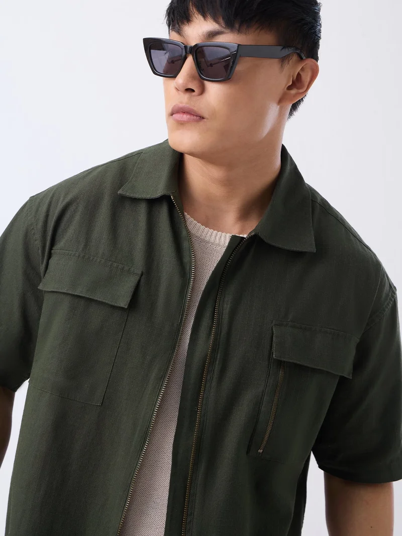 The Souled Store The Souled Store: Desert Sage Men and Boys Short Sleeve Spread Collar Dark Green Solid Textured Cotton Oversized Shirt