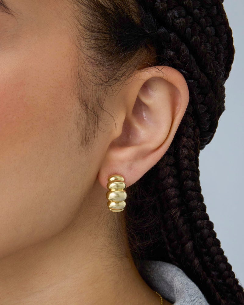 PAVOI 14K Yellow Gold Plated Bold Statement Hoop Earrings for Women - Trendy Boho Ribbed Croissant Scallop Puffy Jewelry Chunky Gold Earrings - Image 2