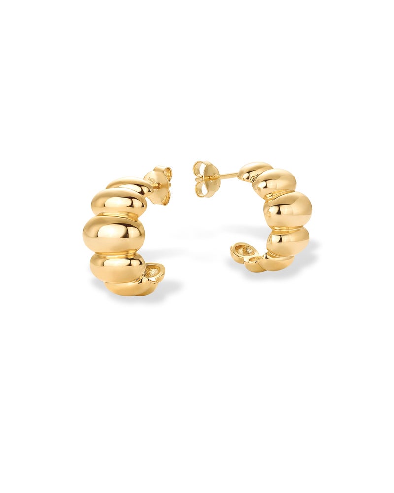 PAVOI 14K Yellow Gold Plated Bold Statement Hoop Earrings for Women - Trendy Boho Ribbed Croissant Scallop Puffy Jewelry Chunky Gold Earrings - Image 3