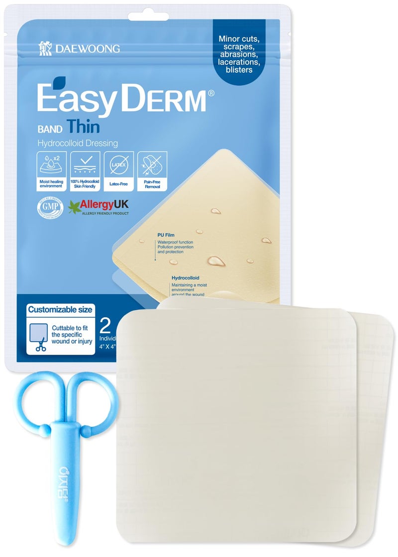 DWEasyDerm ضمادة جروح هيدروكوليد رقيقة من إيزي ديرم 4â€x4â€ عبوة واحدة (2 ضمادات) | مقاومة للماء، خالية من اللاتكس، ضمادة عالية الامتصاص للحروق، الفقاعات، شفاء الجروح مع مقص صغير - Image 1