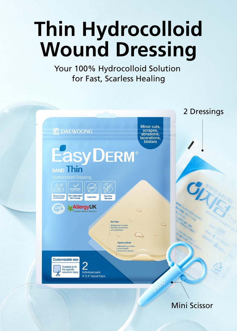 DWEasyDerm ضمادة جروح هيدروكوليد رقيقة من إيزي ديرم 4â€x4â€ عبوة واحدة (2 ضمادات) | مقاومة للماء، خالية من اللاتكس، ضمادة عالية الامتصاص للحروق، الفقاعات، شفاء الجروح مع مقص صغير - Image 2