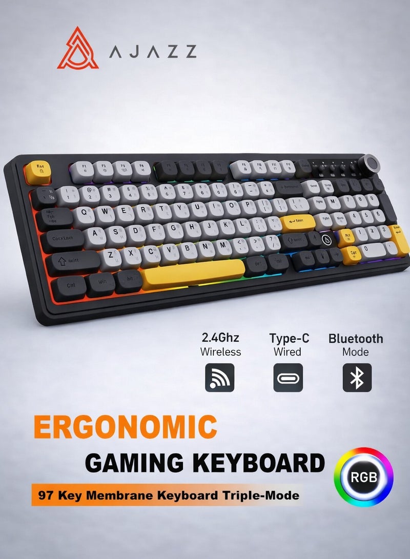 A-jazz AF98 لوحة مفاتيح ثلاثية الوضعية لاسلكية/سلكية مع إضاءة خلفية RGB، مفاتيح عائمة من ABS، تصميم مريح قابل للتعديل، بطارية 4000 مللي أمبير، وأدوات تحكم وسائط متعددة – متوافقة مع ويندوز، ماك، iOS، وأندرويد - Image 1