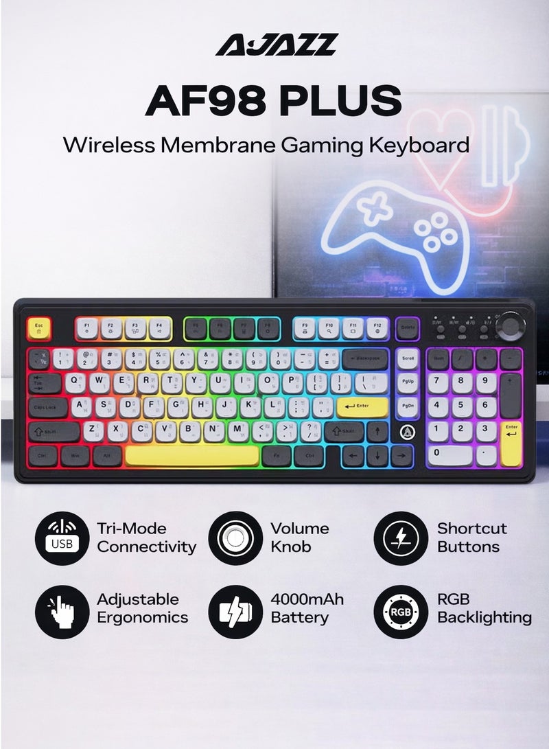 A-jazz AF98 لوحة مفاتيح ثلاثية الوضعية لاسلكية/سلكية مع إضاءة خلفية RGB، مفاتيح عائمة من ABS، تصميم مريح قابل للتعديل، بطارية 4000 مللي أمبير، وأدوات تحكم وسائط متعددة – متوافقة مع ويندوز، ماك، iOS، وأندرويد - Image 1
