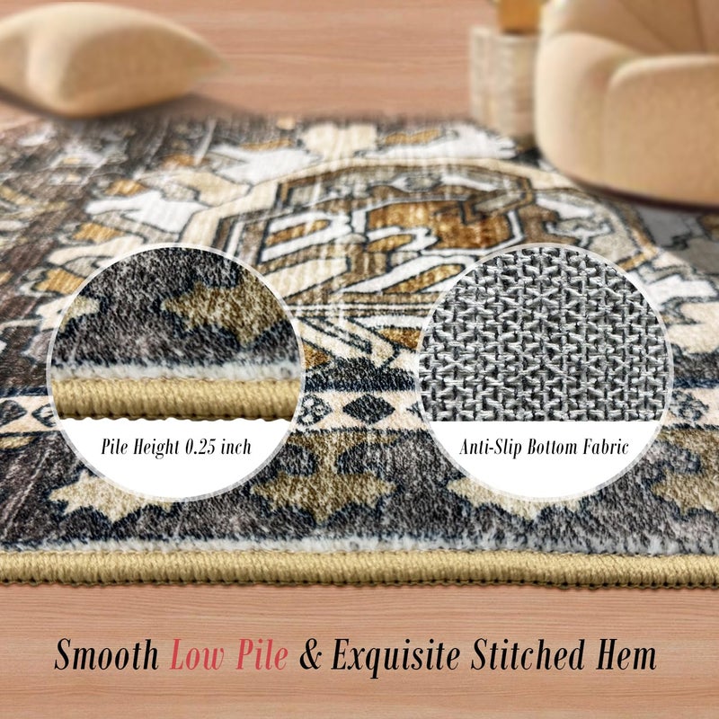 RUGSURE Washable Area Rugs - Perfect for Living Room, Bedroom, Kids Room, Nursery - Stain & Water Resistant Non-Slip, Pet & Child Friendly, Vintage Tribal Area Rugs (Ivory, 5' x 7') - Image 3