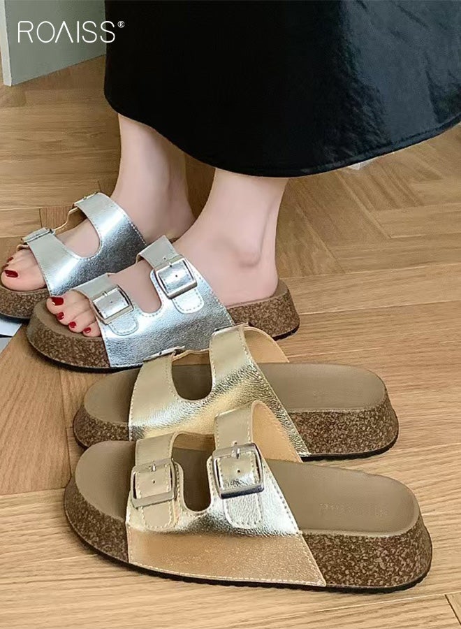 رويس أحذية بيركنستوك النسائية ذات النعال السميكة، صنادل صيفية جديدة بحزام مزدوج ومشبك، صنادل شاطئية مع نعل داخلي مريح للارتداء في الأماكن المغلقة والمفتوحة - Image 1