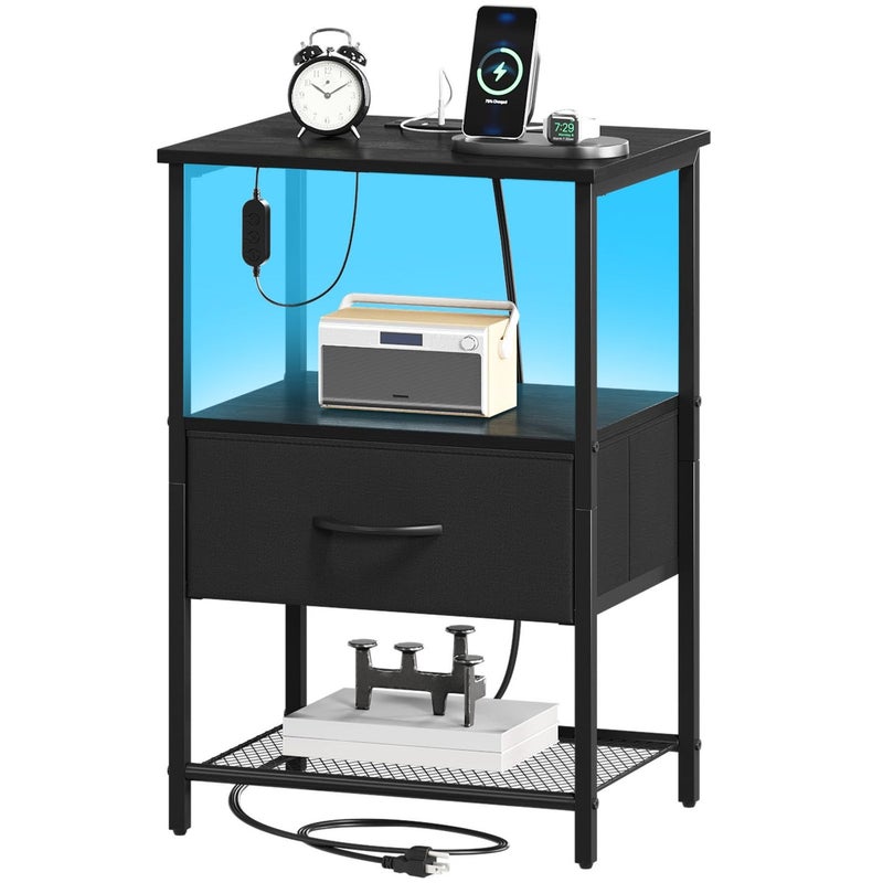 Somdot Black Nightstand with Charging Station and LED Light for Bedroom Bedside Table End Table for Dorm Guest Room Bedside Kids Laundry Closet Entryway Hallway Black