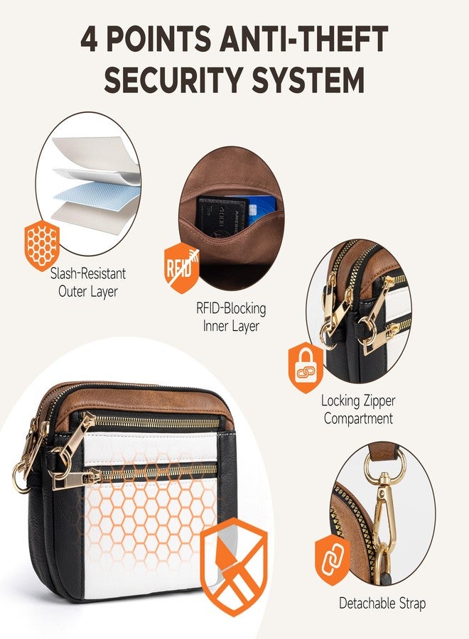 Joryin Anti Theft Crossbody Bag for Women Men, Slash-resistant RFID Blocking Travel Purses, Small Shoulder Bag Handbag, Vegan Leather, Black White Brown - Image 3