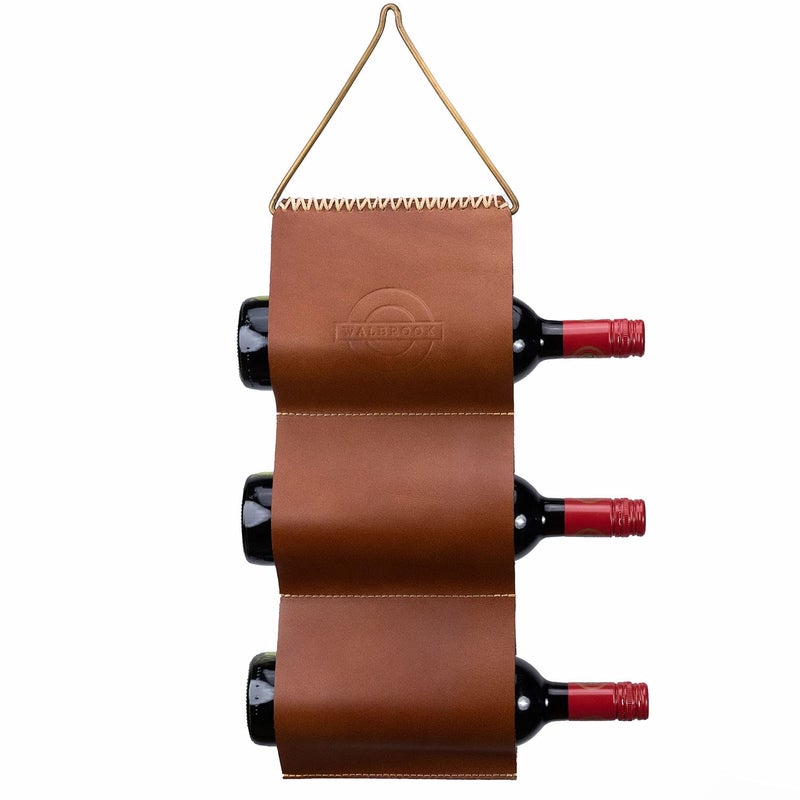 WALBROOK Small Leather Wall Wine Rack  3 Bottle Holder Space Saving Wine Gifts