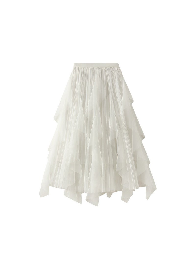 Loquat Women's High Waisted Ruffled Edge Patchwork Mesh Skirt White  - Image 1