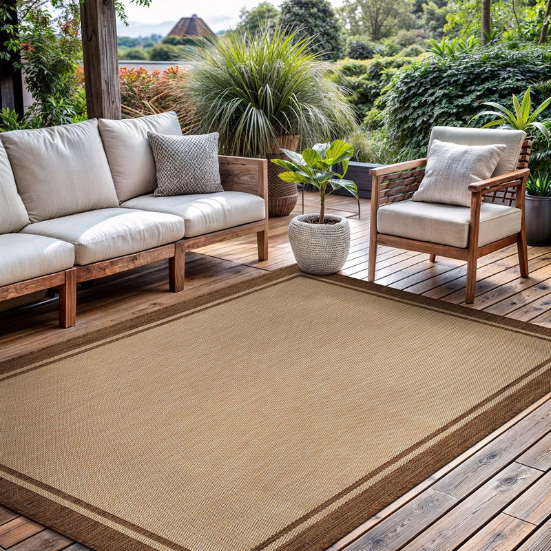 CAMILSON Outdoor Rug 8x10 Bordered Natural Brown Modern Area Rugs for Indoor and Outdoor Patios, Kitchen and Hallway Mats, Washable Porch Deck Outside Carpet (Border Jute, 8 x 10) - Image 1
