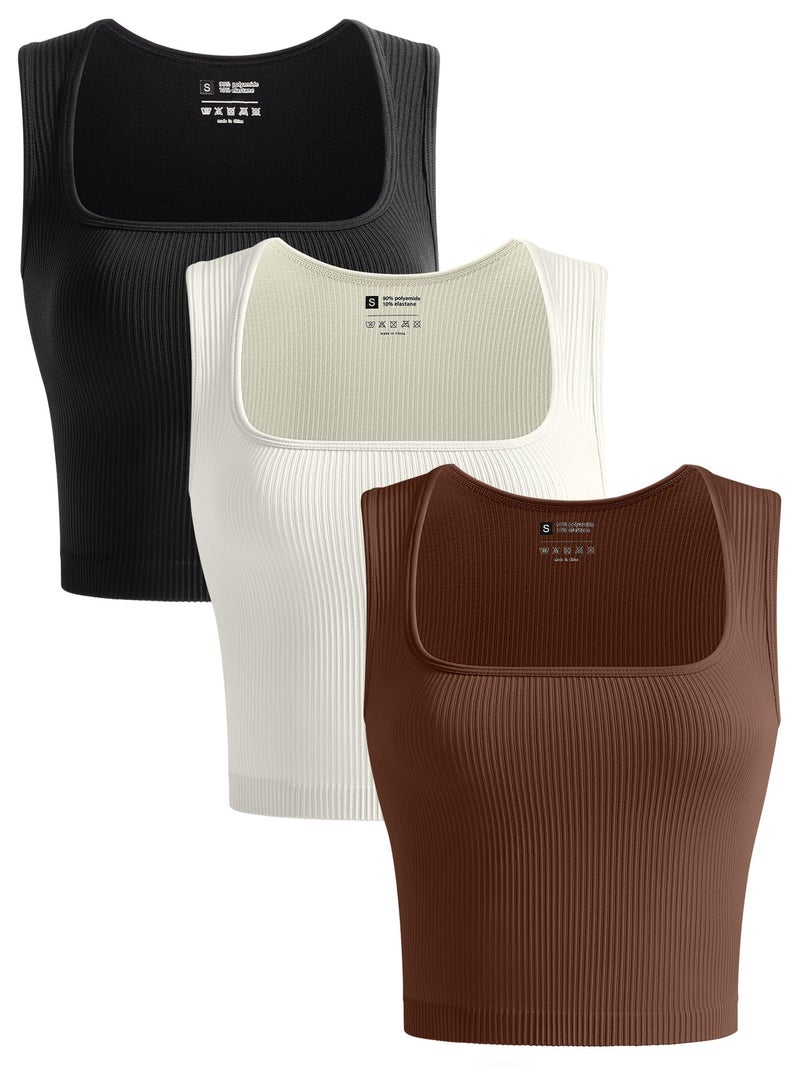 OLCHEE Womens 3 Pack Crop Tank Tops Seamless Ribbed Square Neck Tapered Shoulder Strap Sleeveless Workout Top Summer Shirts - Black Brown Beige Medium - Image 1