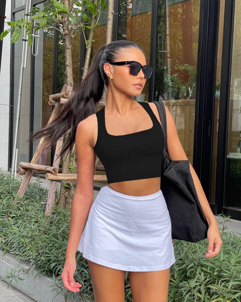 OLCHEE Womens 3 Pack Crop Tank Tops Seamless Ribbed Square Neck Tapered Shoulder Strap Sleeveless Workout Top Summer Shirts - Black Brown Beige Medium - Image 2