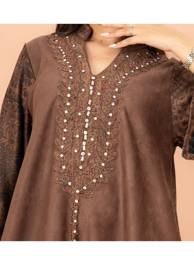 IKKXA Luxury Mandarin Colar Embroidery Beads Patterned Sleeves Jalabiya
