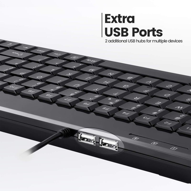 Perixx PERIBOARD-409H Wired USB Mini Keyboard with 2 USB Hubs, Black, US English Layout - Image 3