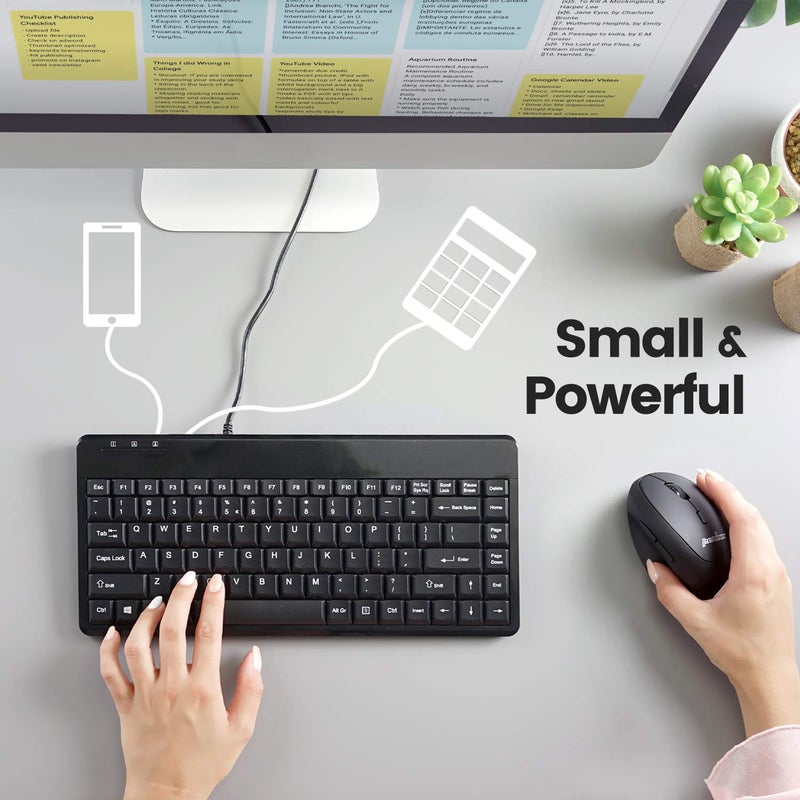 Perixx PERIBOARD-409H Wired USB Mini Keyboard with 2 USB Hubs, Black, US English Layout - Image 5