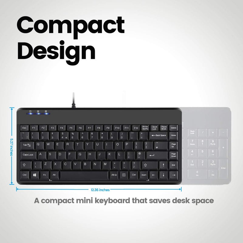 Perixx PERIBOARD-409H Wired USB Mini Keyboard with 2 USB Hubs, Black, US English Layout - Image 2